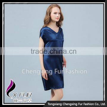 CXVLYQO1 Luxury Women's Pure Silk Skirt Night SNavy Blue Short Sleeve V-neck Pajamas photo-3