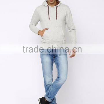 Grey Melange Hooded Sweatshirt For Man Long Sleeves With Elbow Patches Sweaters Kangaroo Front Pocket Ribbed Hem Hoody Custom