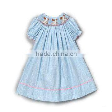 Light Blue Polka Dot Smocked Puppy Bishop Dress