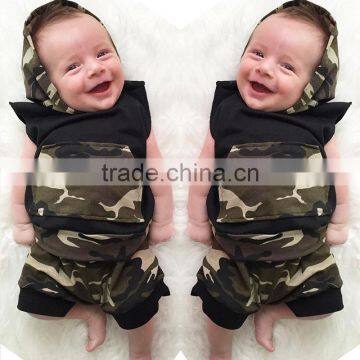 S17474A Summer Cotton Camouflage Sleeveless Hooded T-shirt+Short Pants Baby Clothing Set