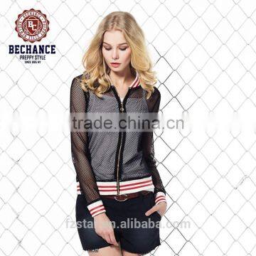 European preppy style womens breathable net varsity baseball jacket 5201