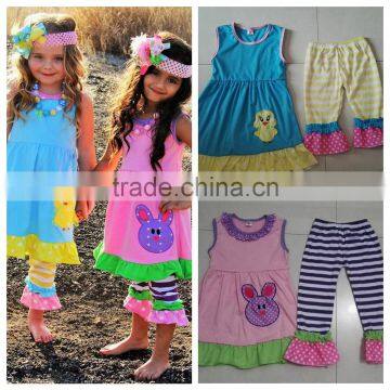 spring kids new wholesale toddle girls colorful ruffles Easter outfit with rabbit embroidery