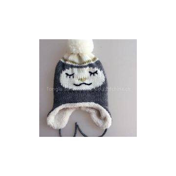 Quality Acrylic contrast color jacquard knitted kid earcuff hat with pom and embroidered