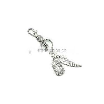 Fashional clear rhinestone Fleur de lis charm with wing charm keychain/silver plated Fleur de lis keychain/wing charm keychain