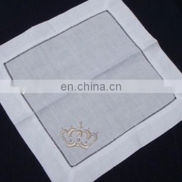 linen white wedding napkin with crown embroidery and hemstitch