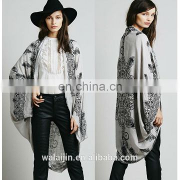 Raw hem batwing print kimono, cotton fashion kimono