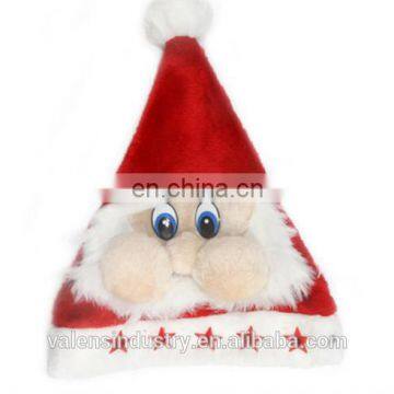 Wholesale High Quality Luxury Plush 3D Cartoon Design LED Flashing Santa Claus Christmas Hat with Light Eyes Nose and Beard