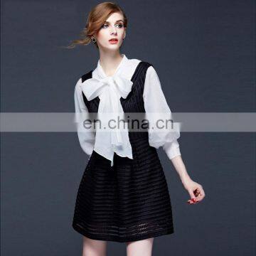 whosale new fashion eye-touching baby girl flared skirt neck tie puff sleeves women sundress with blouse