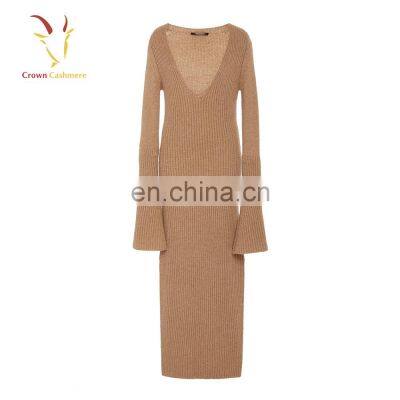 Tan V Neck Cashmere Sweater Dresses for Women photo-4