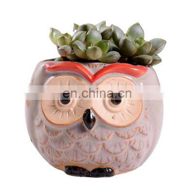 Hot Selling Ceramic Animal  Owl Ceramic Flowing Glaze Base Succulent Plant Decoration Pots Flower Pot Set