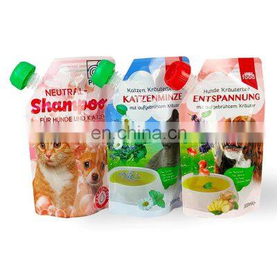 Custom printing plastic ziplock pet food shampoo entspannung liquid stand up pouch with spout