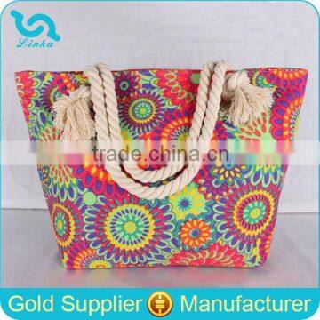 Custom Flower Printing Canvas Beach Bag/Canvas Tote Bag Rope Handle