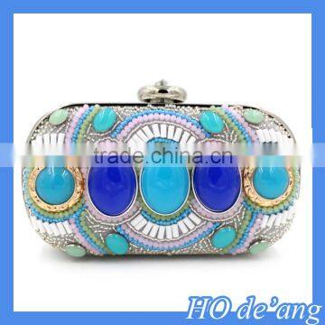 HOGIFT 2015 vintage handmade gemstone banquet bag,diamond pillow type evening bag, peacock blue clutch bag