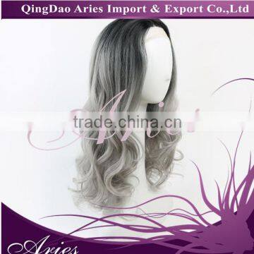 16" Long ombre grey Curly Wavy Lace Front Wig Heat Resistant