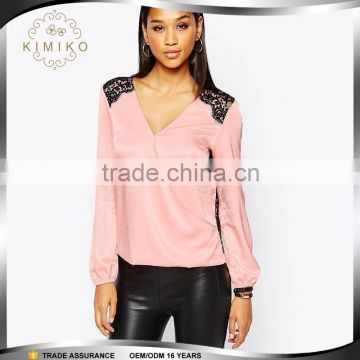 New Fashion Lace Satin Pink Blouse for Woman