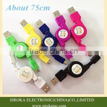 Customized colors micro retractable USB cable with fast charging transfer speed for smartphones