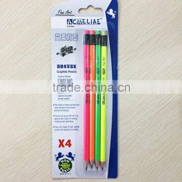 Standard size round shape soft wood neon color body blister card HB pencil with neon eraser