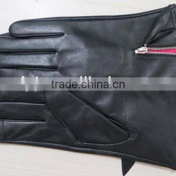 Girls Black Women Pu Leather Gloves with Zipper