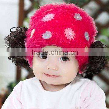 MZ3080 Christmas Gift Winter Girl Children Hat With Hair Hairpiece Knitted Baby Warm Crochet Beanies