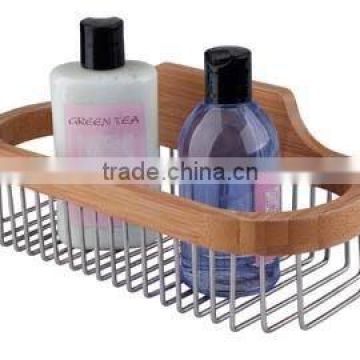 bamboo bathroom accessory caddy rack holder for shower room with stainless steel