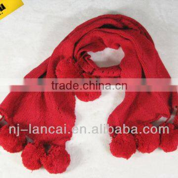 Fashion acrylic knitted cable multiple pom-pom scarf