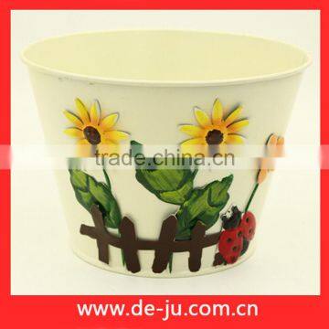 Green Printing With Flowers Round Small Metal Planter photo-5