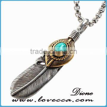 Top Sale Ruby Stone Titanium Steel Skull Feather Necklace Jewelry Mens Turquoise Stone Stainless Steel Feather Pendant photo-2