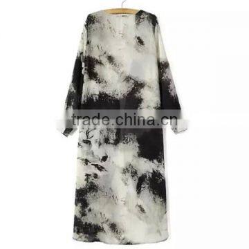 2015 New Fashion Long Chiffon Cardigan,maxi Ink Printing Chiffon Cardigan for Women With Long Sleeve Falbala Placket photo-2
