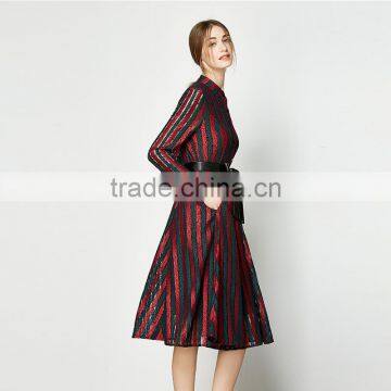 Stylish Women's Black Long Sleeve Striped Pattern Lace Long Patchwork Party Long Dress photo-5