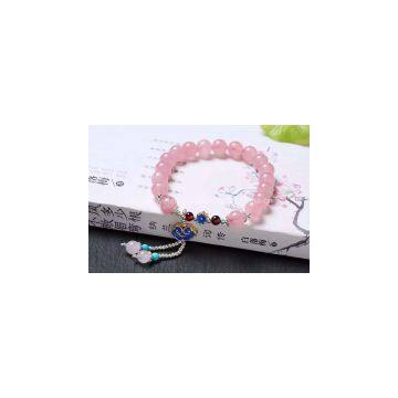 Neffly jewelry nature Rose Quartz Bracelet with S925 silver bluing accessories.8 mm