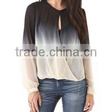 hot selling lastest long sleeve ladies ombre printed chiffon blouse for middle aged women