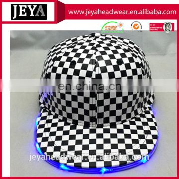 Racing snapback hat with built-in led light led cap lights wholesale pu plaid leather cap and hat