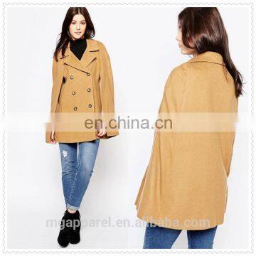 wholesale winter ladies double breasted 100% camel wool cape coat with arm slits