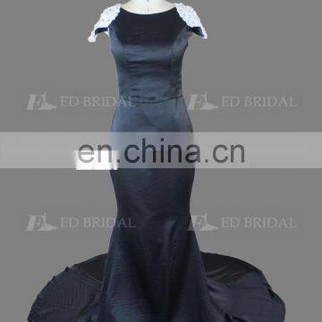 Elegant Cap Sleeve Beaded Court Train Black Long Evening Dress For Fat Women photo-2