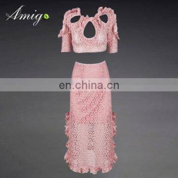 2015 new fashion pink lady style two-pieces dress fashion maxi dress hollow out party design wholesale order