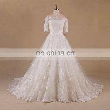 Honorable Off Shoulder 1/2 Sleeve Long Train A-line Lace Wedding Dress