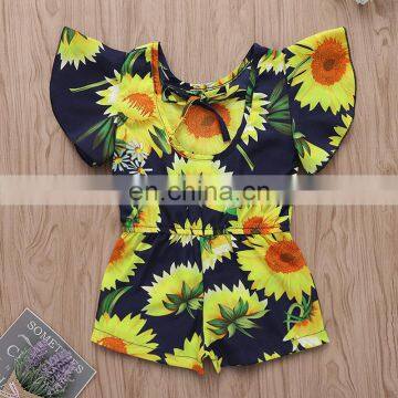 2019 1-5years Summer Fly Sleeved Sunflower Print Bodysuit Baby Girls Rompers Kids Floral Clothing Set photo-5