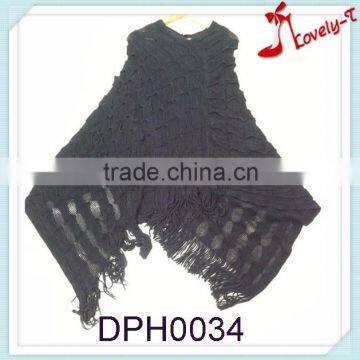 Wholesale acryclic crochet knit women pullover poncho sweater with tassels