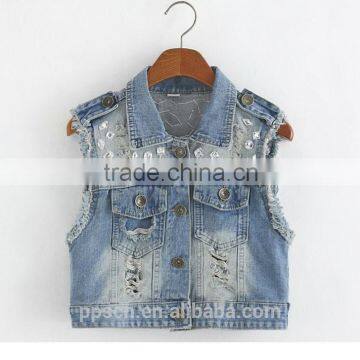 lastest girls' jean vest,waistcoat with shining acrylic,china supplier