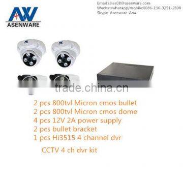 CCTV 4 cameras 800tvl dome bullet 4 channel dvr kit