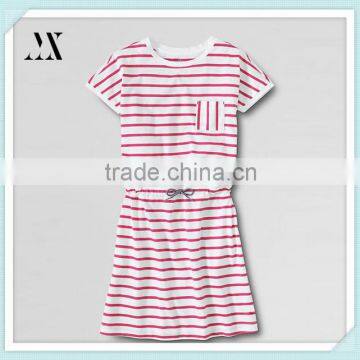 2015 new summer gilr plus short sleeve cinced waist knit stripe dress open crewneck single check pockets children girls dress