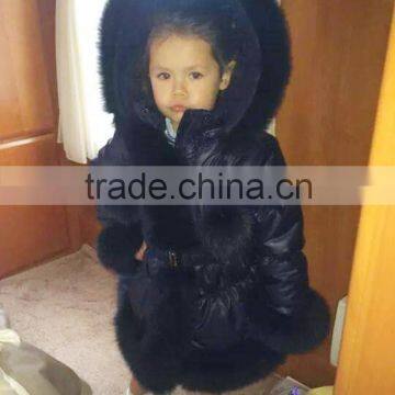 children feather down coat with fox fur trim and fox fur pompoms