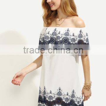 Dresses Latest Women Girl Design Fashion Photos White Embroidered Ruffle Off The Shoulder Dress photo-2