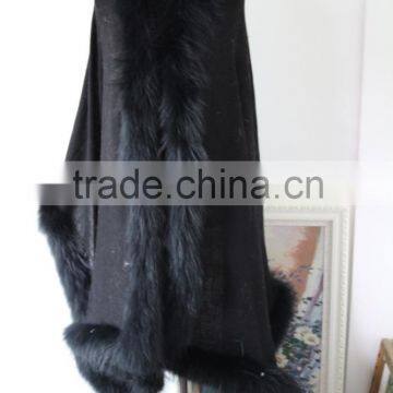 Black Cashmere Cape Poncho With Match Color Raccoon Fur Hood Gorgeous Animal Fur Trimmed Square Shawl Cape