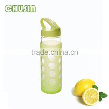 Fancy glass water bottle with PP lid and food grade silicone sleeve BPA free