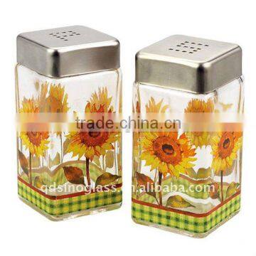 SINOGLASS 2 pcs square shape galss Salt & Pepper set with Sunflower decal