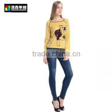 Round Neck Cute Long Sleeve Pullover, Yellow Cute Print Cashmere Pullover