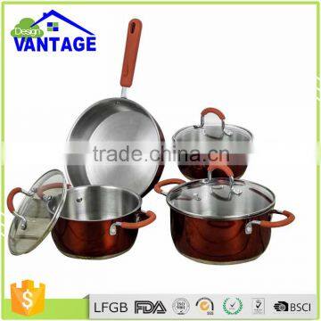 Best selling mirror surface 7pcs stainless steelnon-stick cookware set with frypan and saucepan