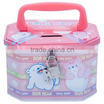 Handle tin cartoon kids money box with lock