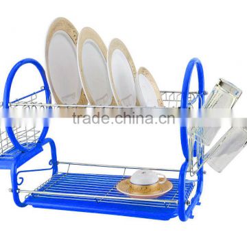 Kawachi Stainless Steel Chrome 2 Tier Dish Drainer Rack Glass Utensil-Blue